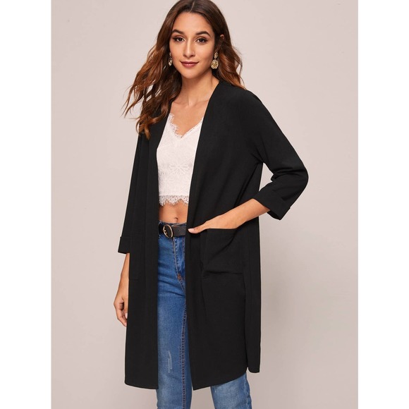 Open Front casual long blazer Coat collarless black minimalist - Picture 5 of 8